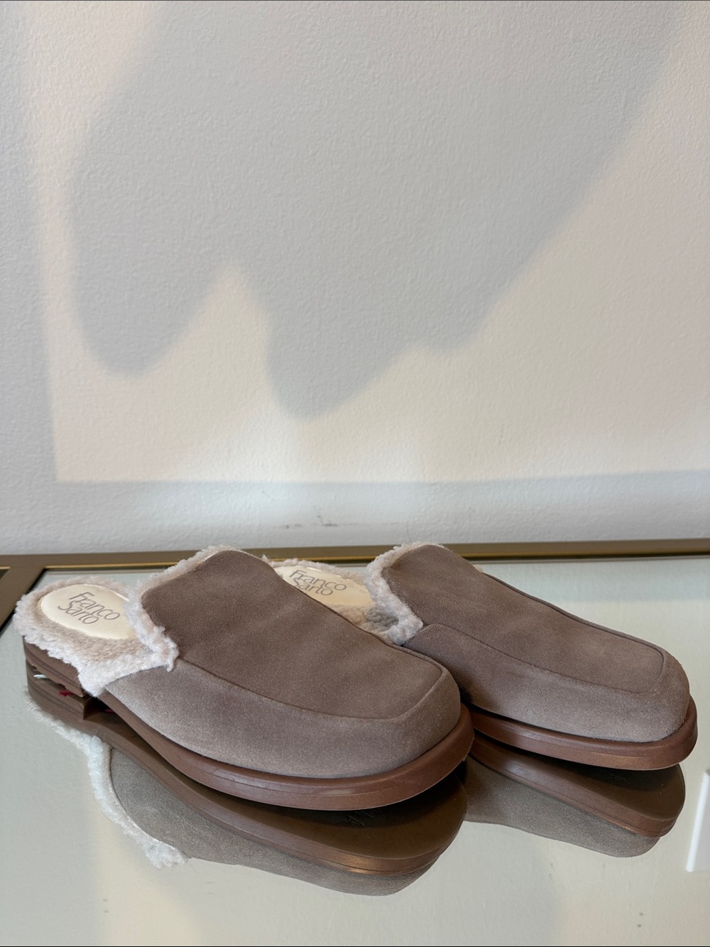 Franco Sarto Taupe Suede Shearling-Lined Mules